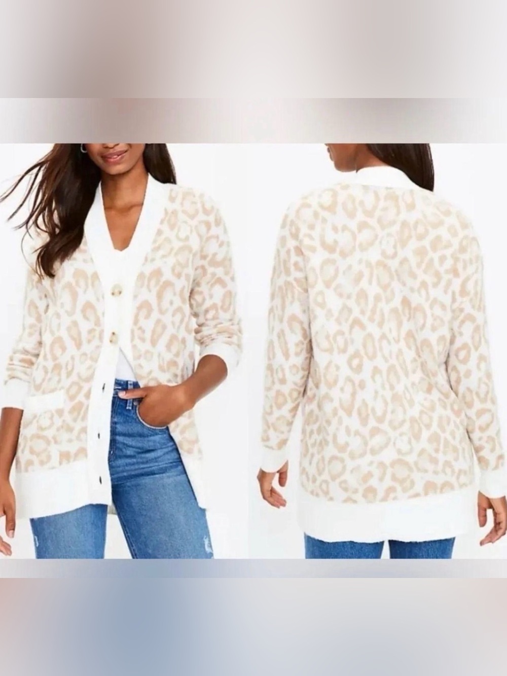 LOFT Cream and Beige Leopard Print V-Neck Cardigan Wool Blended Size L NWT